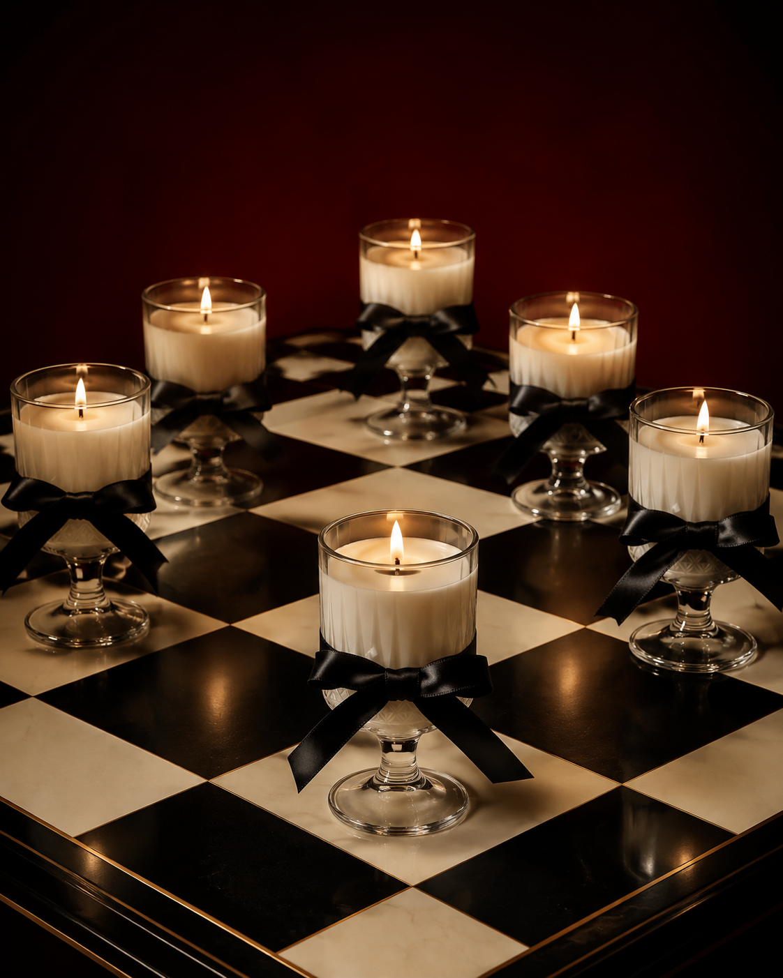 MINNOLOGUE candle glasses with black satin bows arranged as pieces on a chessboard